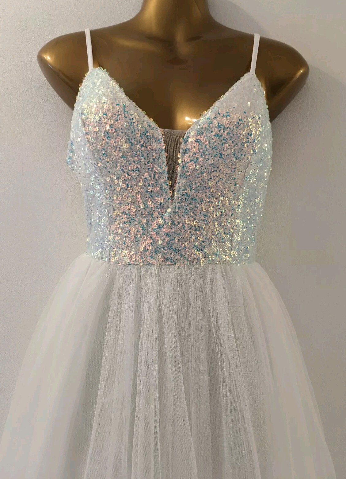 FAERIESTY womens white sequin embellished lace back ballgown dress size 12 prom