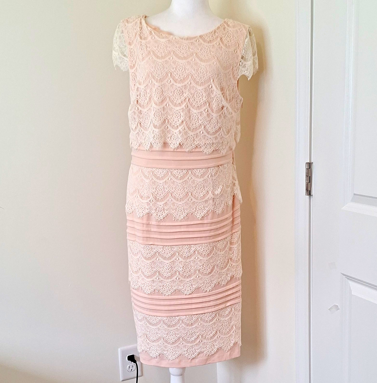 Sangria Pink Lace Sheath Dress Boat Neck Cap Sleeve Lined Side Zip 16