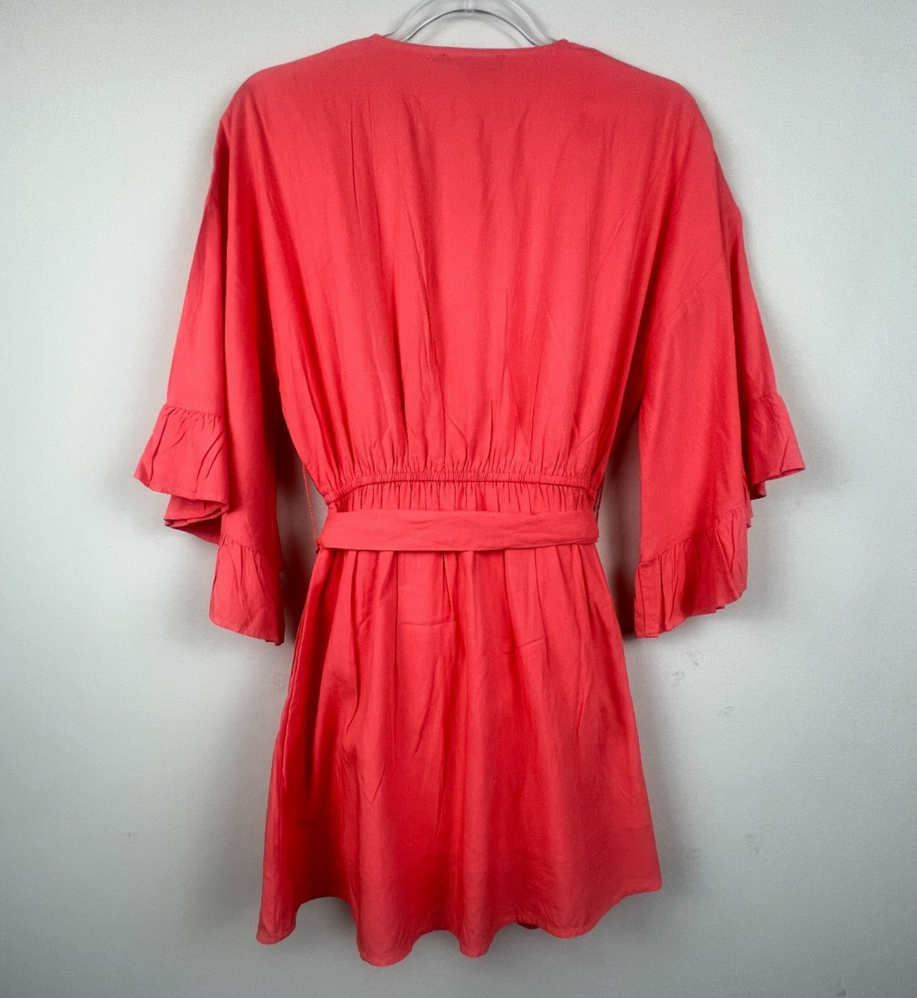 Shore Light Coral Peach Faux Wrap Mini Dress Tie Waist Ruffle Sleeve Pockets