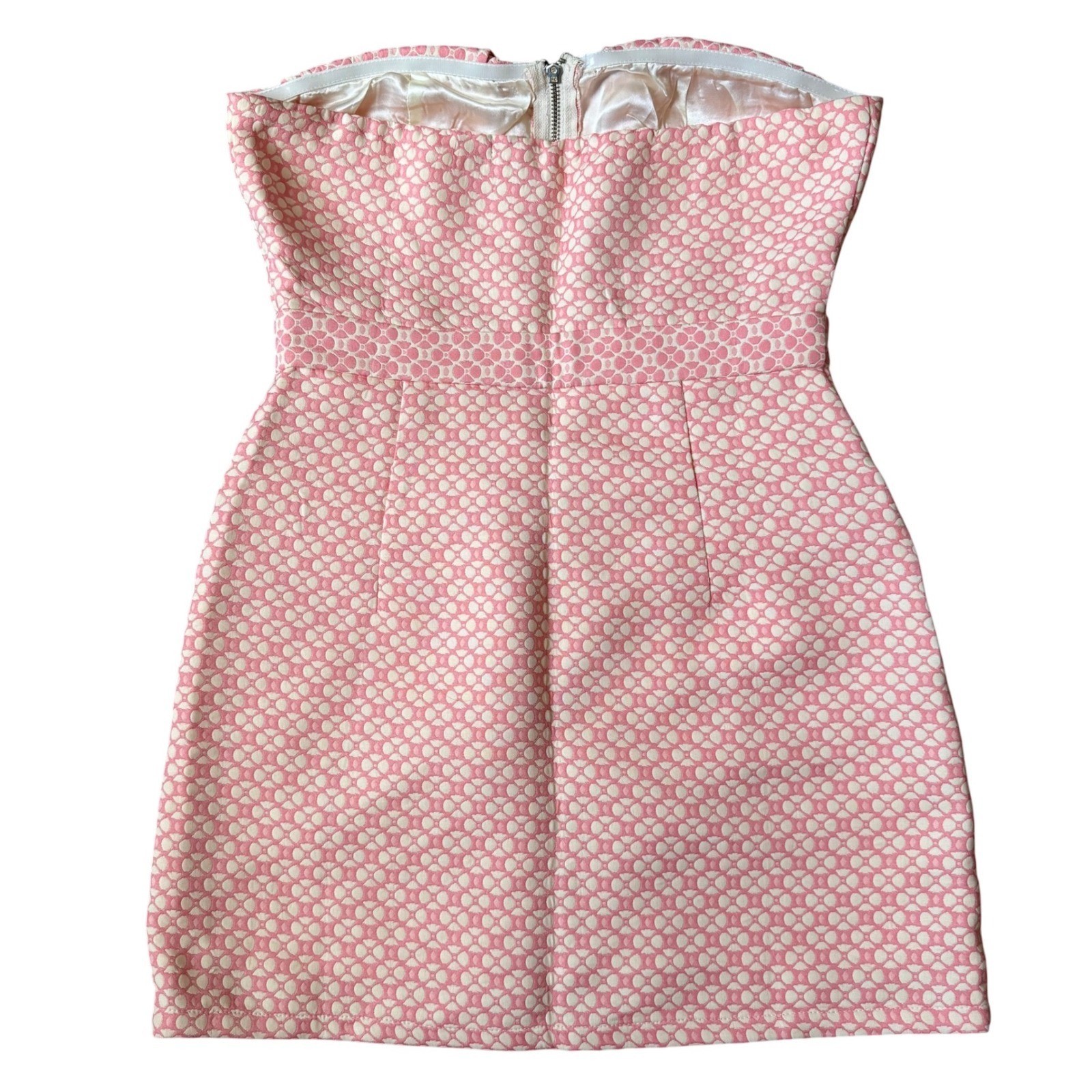 Review Strapless Pink Jacquard Mini Dress Size Large Wedding Guest Party Preppy