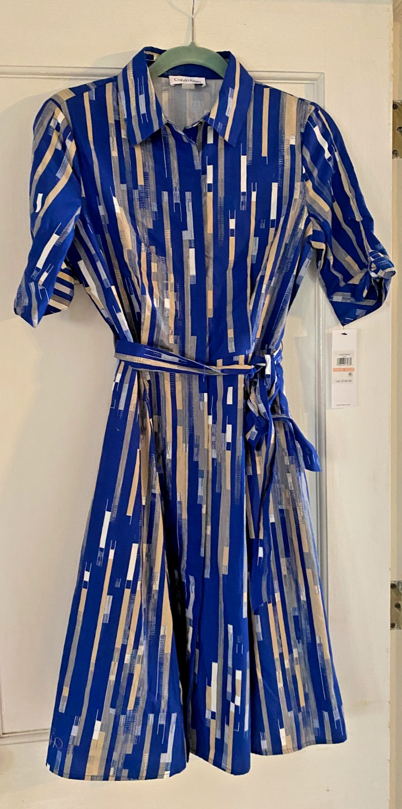 NWT Calvin Klein Cotton Short Sleeve Shirt Dress Belted size 2 Blue