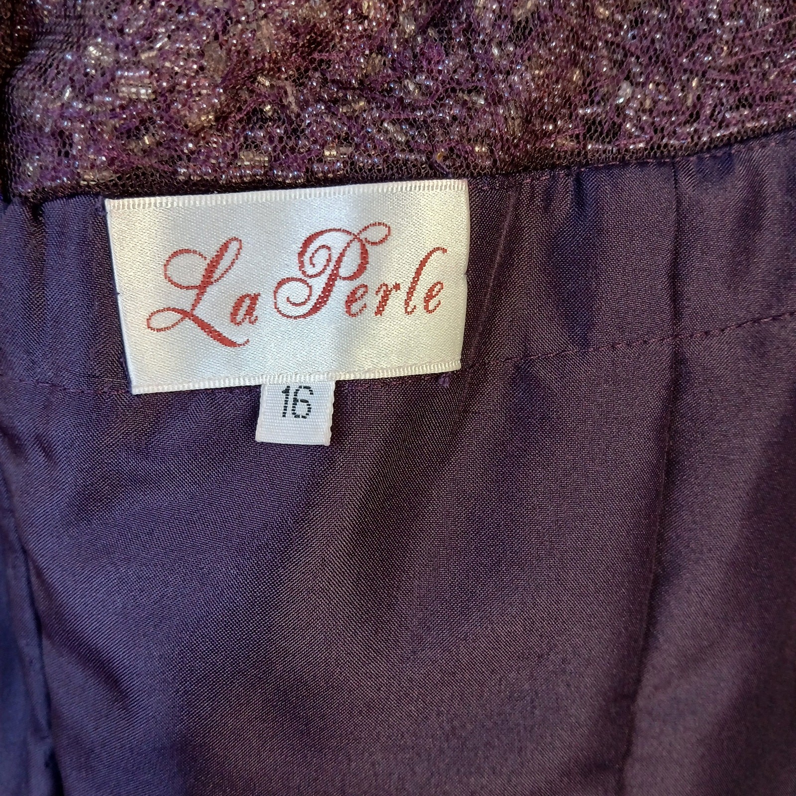 La Perle Aubergine Beaded Sweetheart Maxi Gown 16 slight train leg slit formal