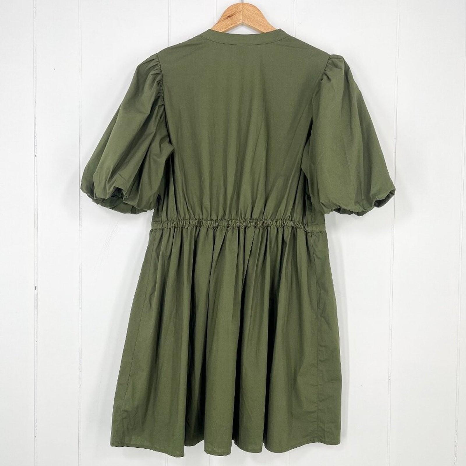 Gap Button Front Dress Cotton Poplin Bubble Sleeve Cinch Waist Size Medium Green