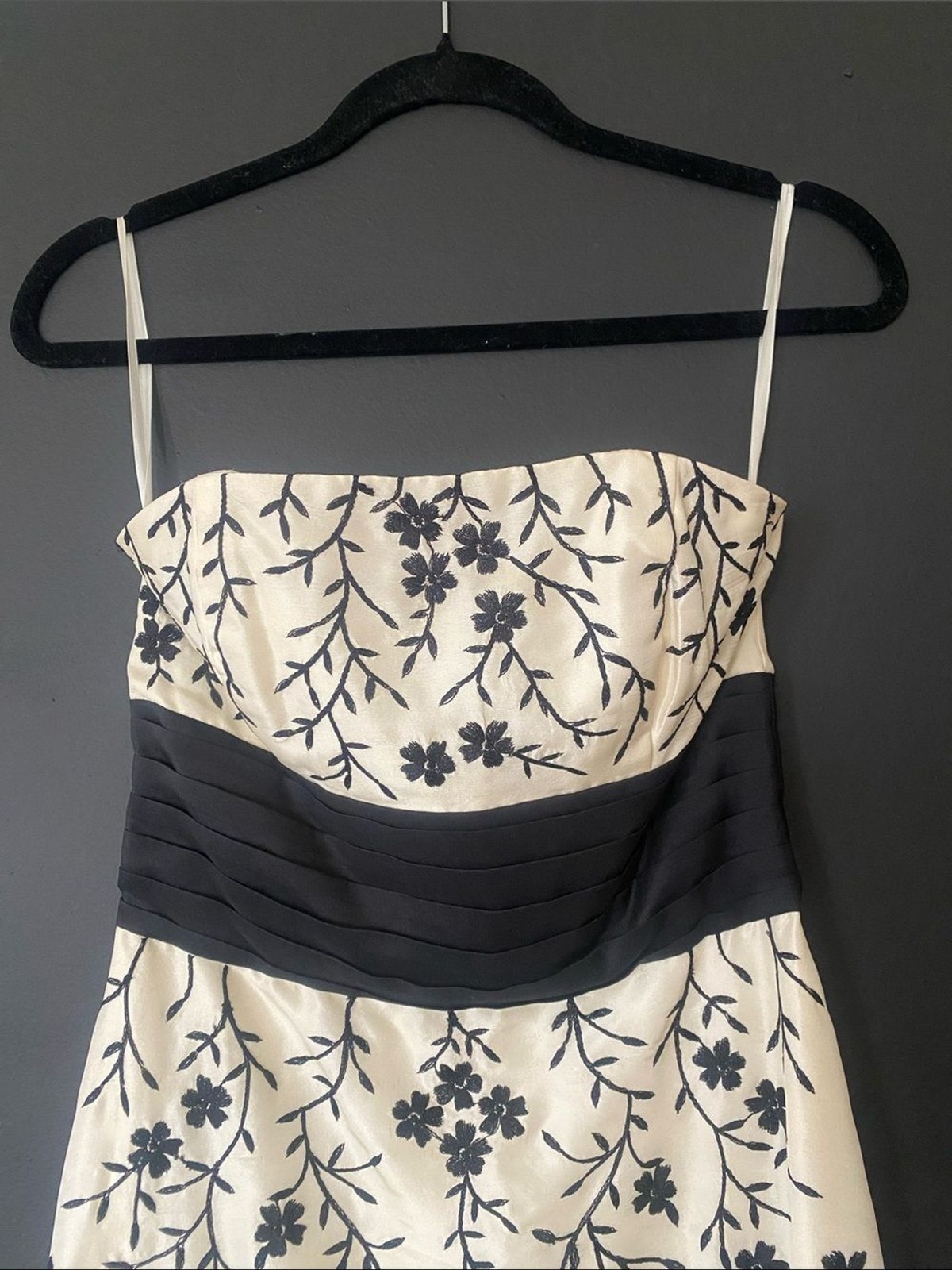 White House Black Market Strapless Silk Dress with Black Embroidery
