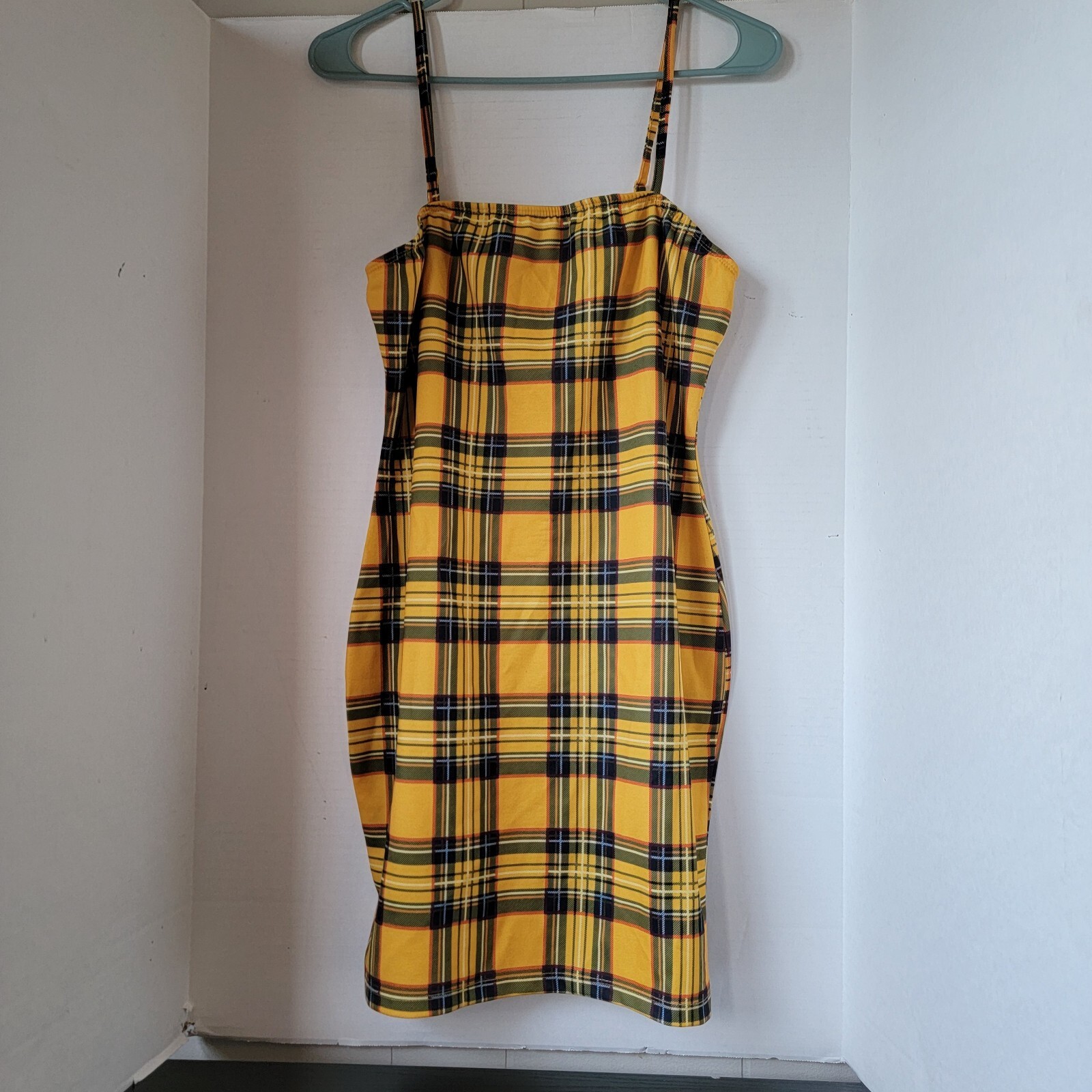 Yellow Plaid Spaghetti Strap Dress with Back Zipper