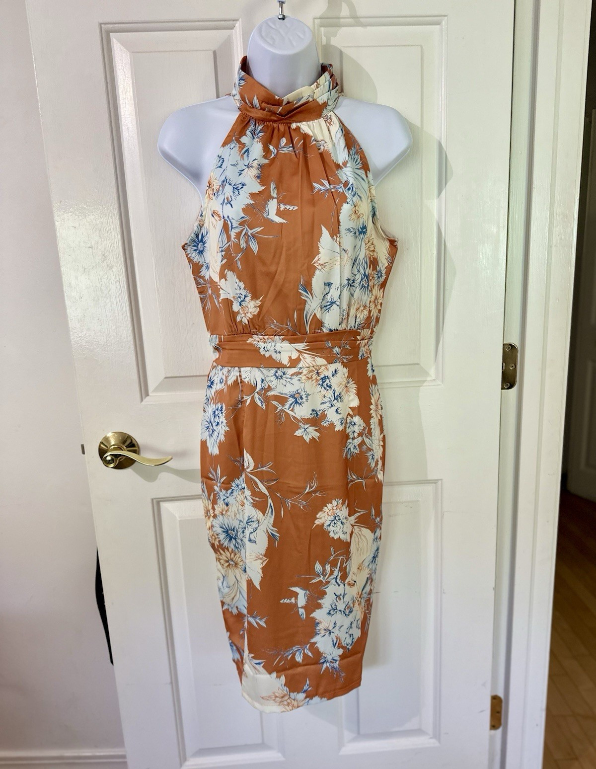 Halter Neck Floral Satin Romper Women’s Size S Brown/White/Blue Button