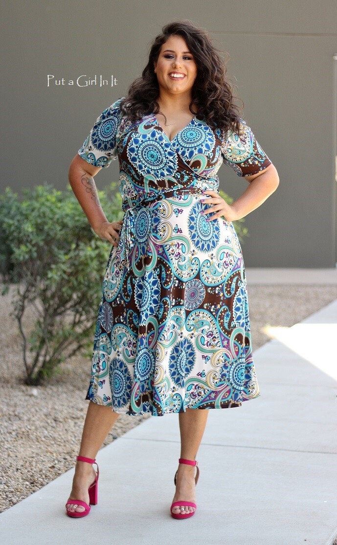USA New Womens PLUS SIZE TEAL BROWN PAISLEY FLORAL BOHO SILKY MIDI DRESS 1X 2X