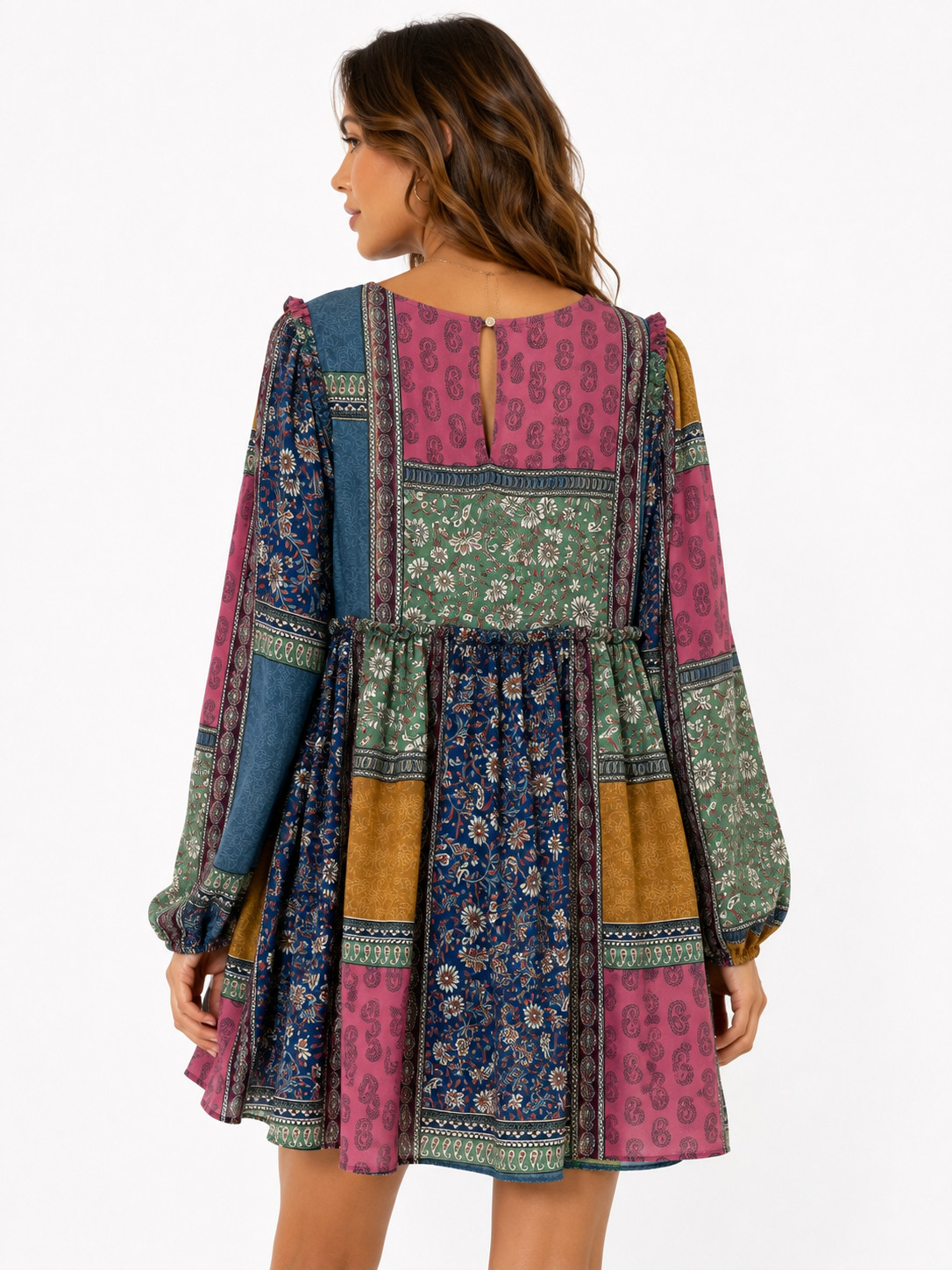 Aura Patchwork Boho Babydoll Tunic Dress Women’s M Floral Paisley Long Sleeve