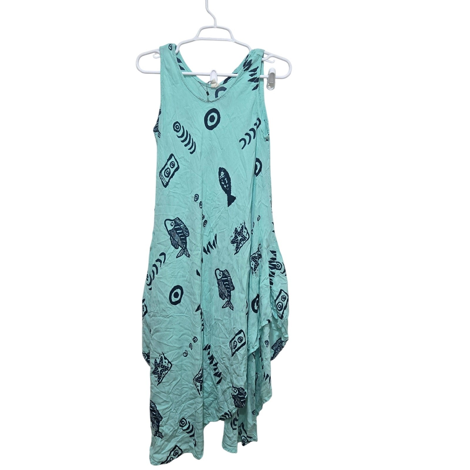 Exist Fish Print Hanky Hem Dress One Size Rayon Beach Boho Pockets