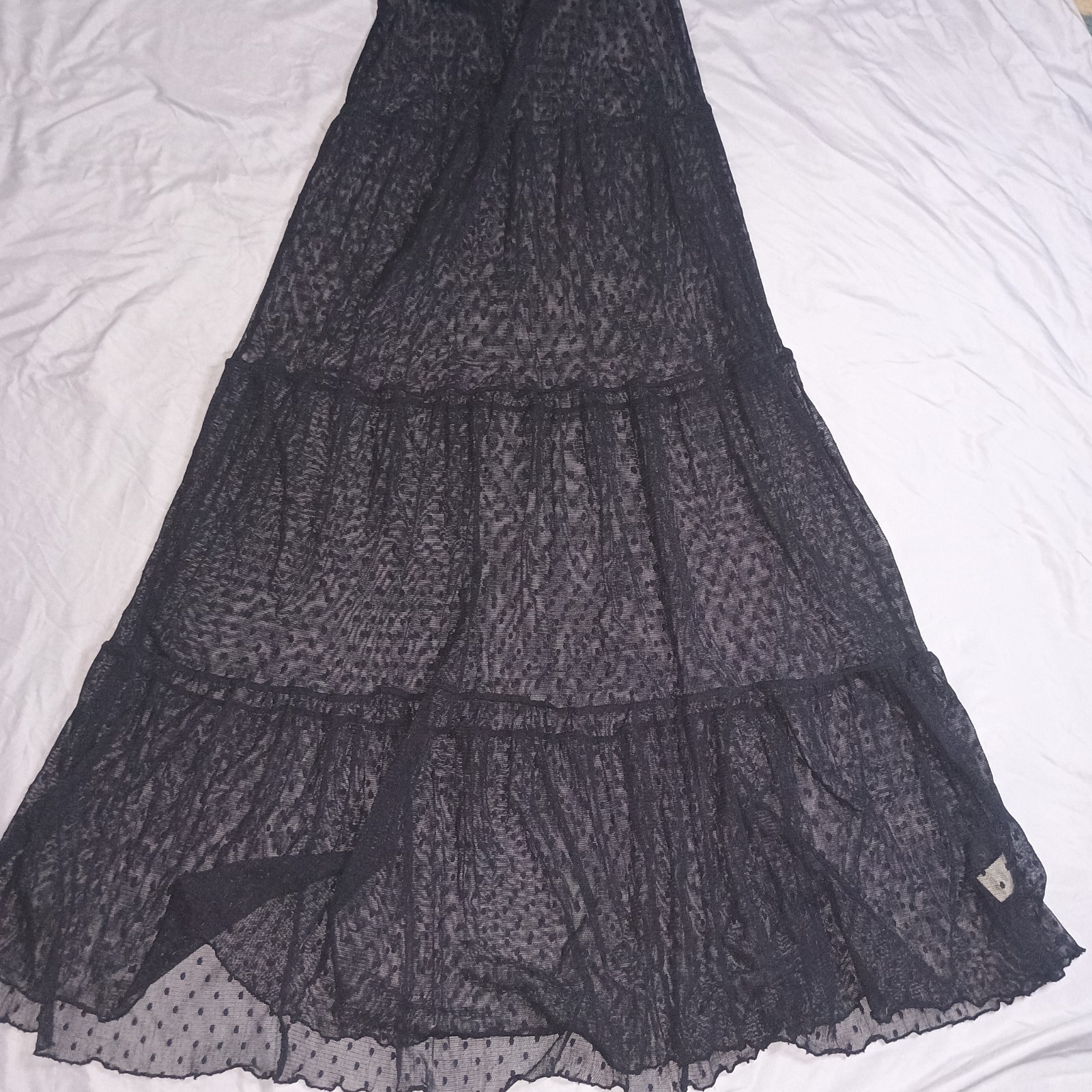 Black Fishnet Polkadot See Through Long Tiered Dress Size XS
