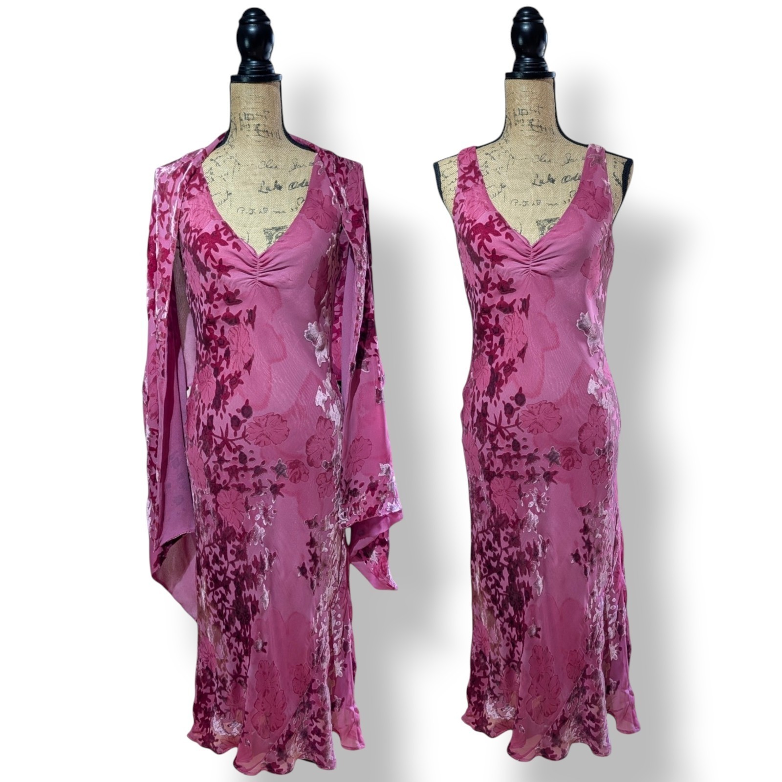 Vintage Y2K Monsoon Pink Devore Midi Dress & Wrap UK 10/12 (US 8)