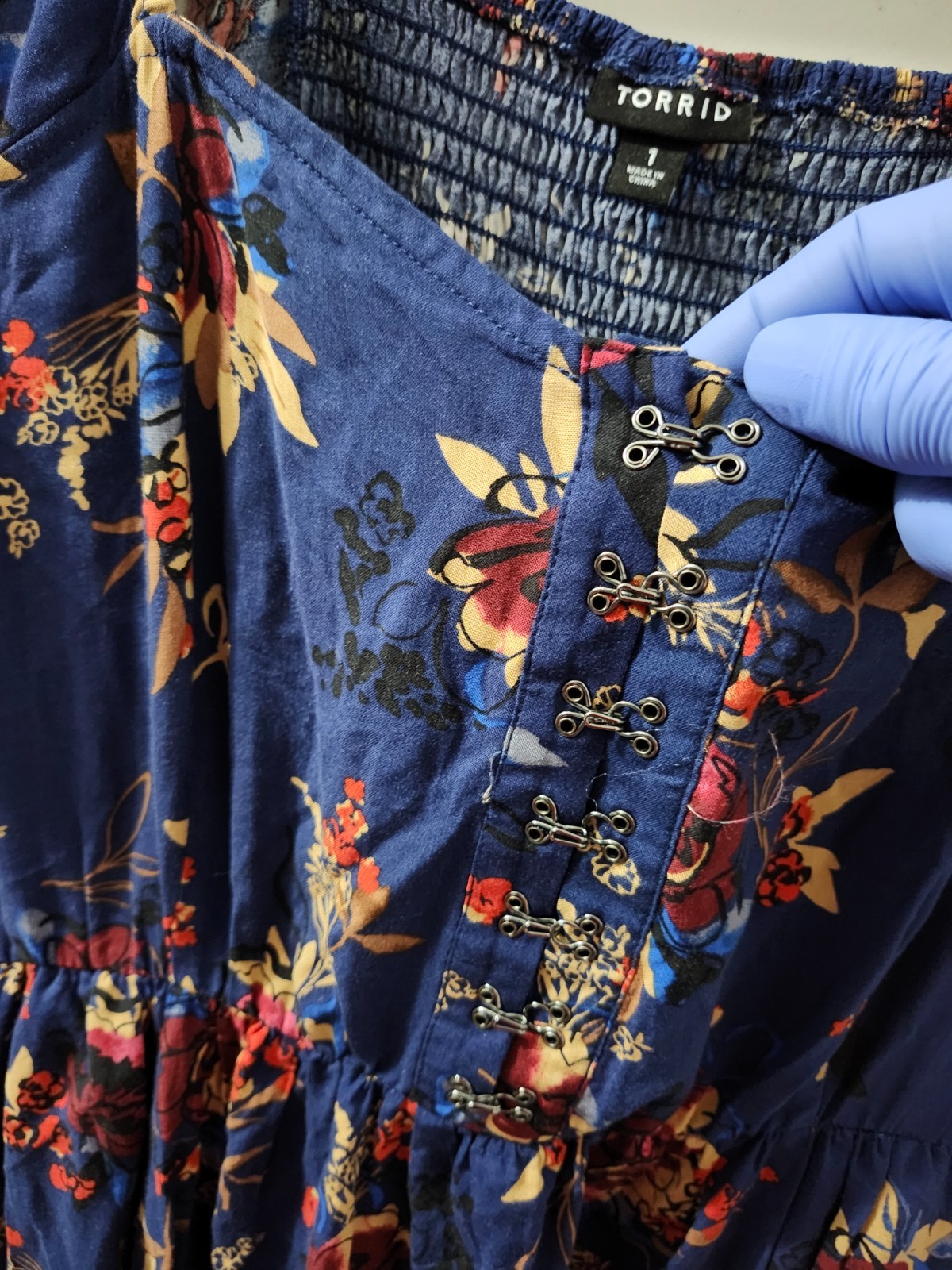Torrid Dress Womens 1X Blue Skater Hook Eye Henley Floral Smock Short Sleeve Pkt