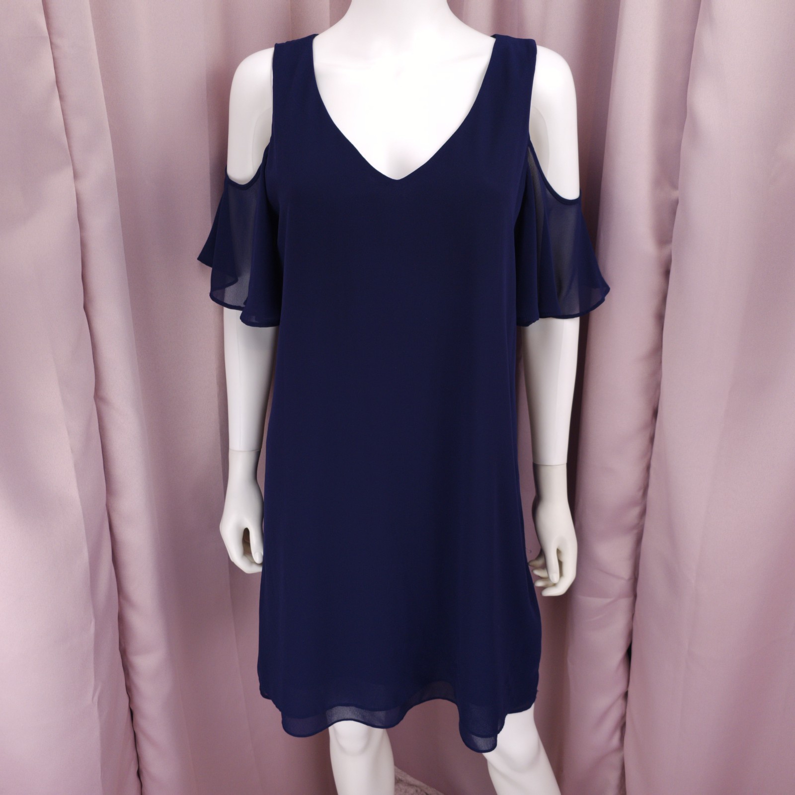 A. Byer Women’s Blue Chiffon V-Neck Cold Shoulder Sleeve Lined Shift Dress XL