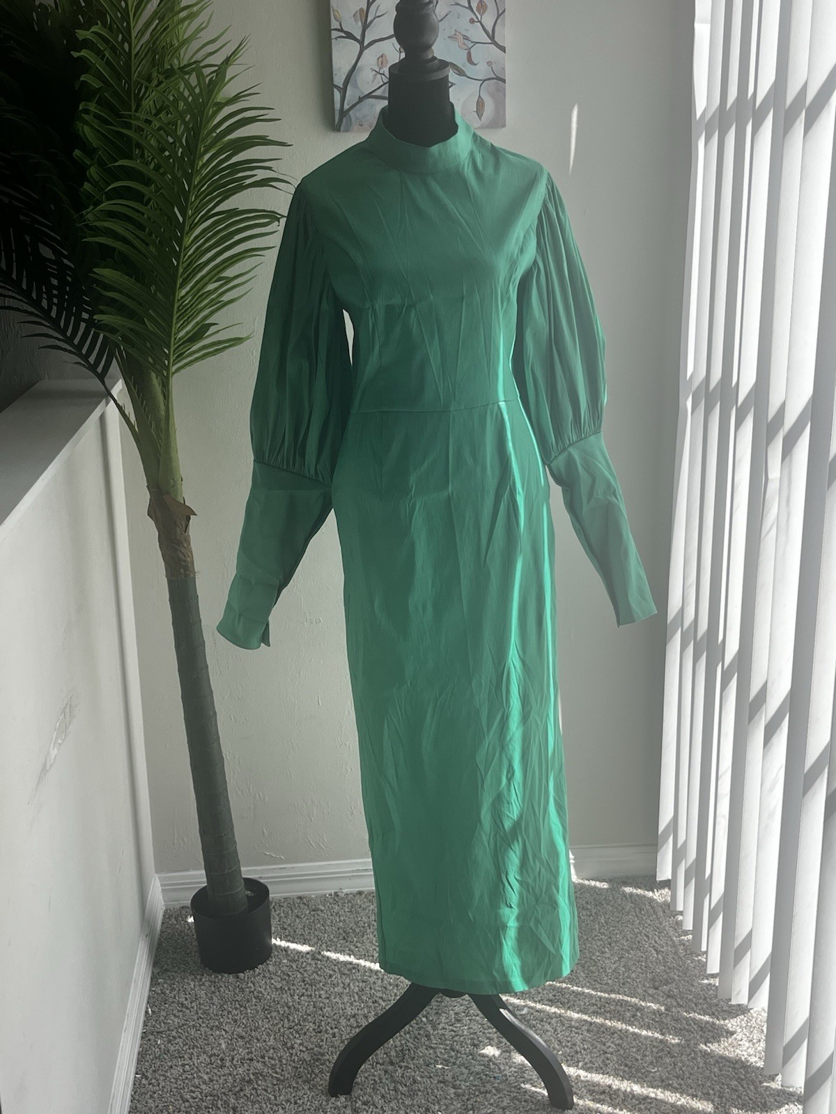 AOMEI Green Pleated Balloon Long Sleeve High Neck Maxi Dress for Women