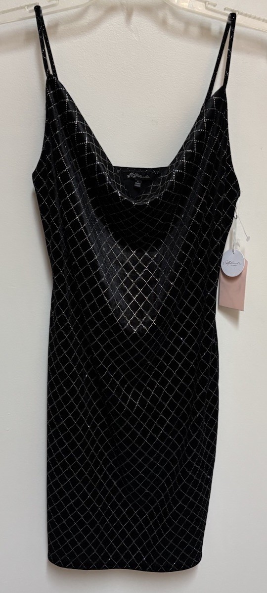 Blashe Velvet Bodycon Dress Straps Stretch Black w/ Silver Draped Neckline Large
