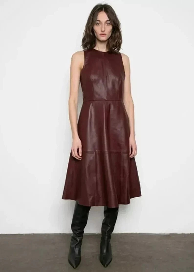 Women’s Burgundy Crop Leather Dress Real Sheepskin Leather Slim Fit Flared