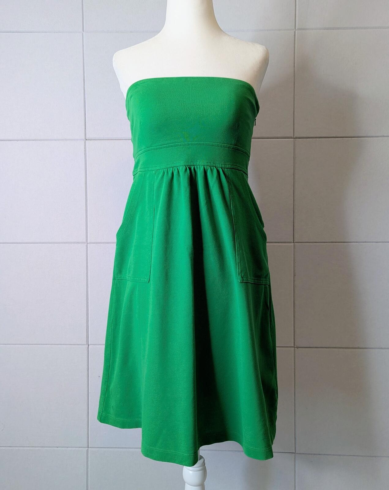 J.Crew Y2K Kelly Green Cotton Piqué Strapless Tube Dress Pockets Size 4
