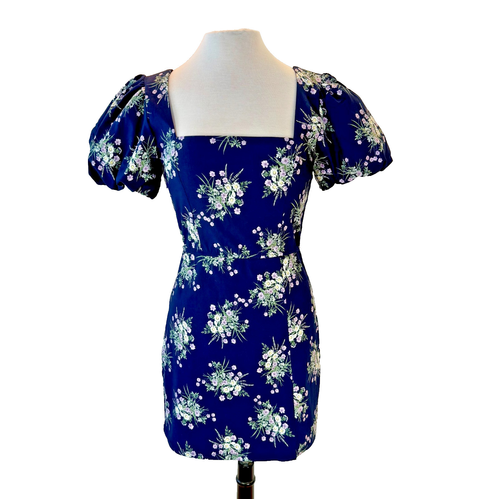 Trixxi Navy Blue Floral Puff Sleeve Fitted Coquette Mini Dress Size L