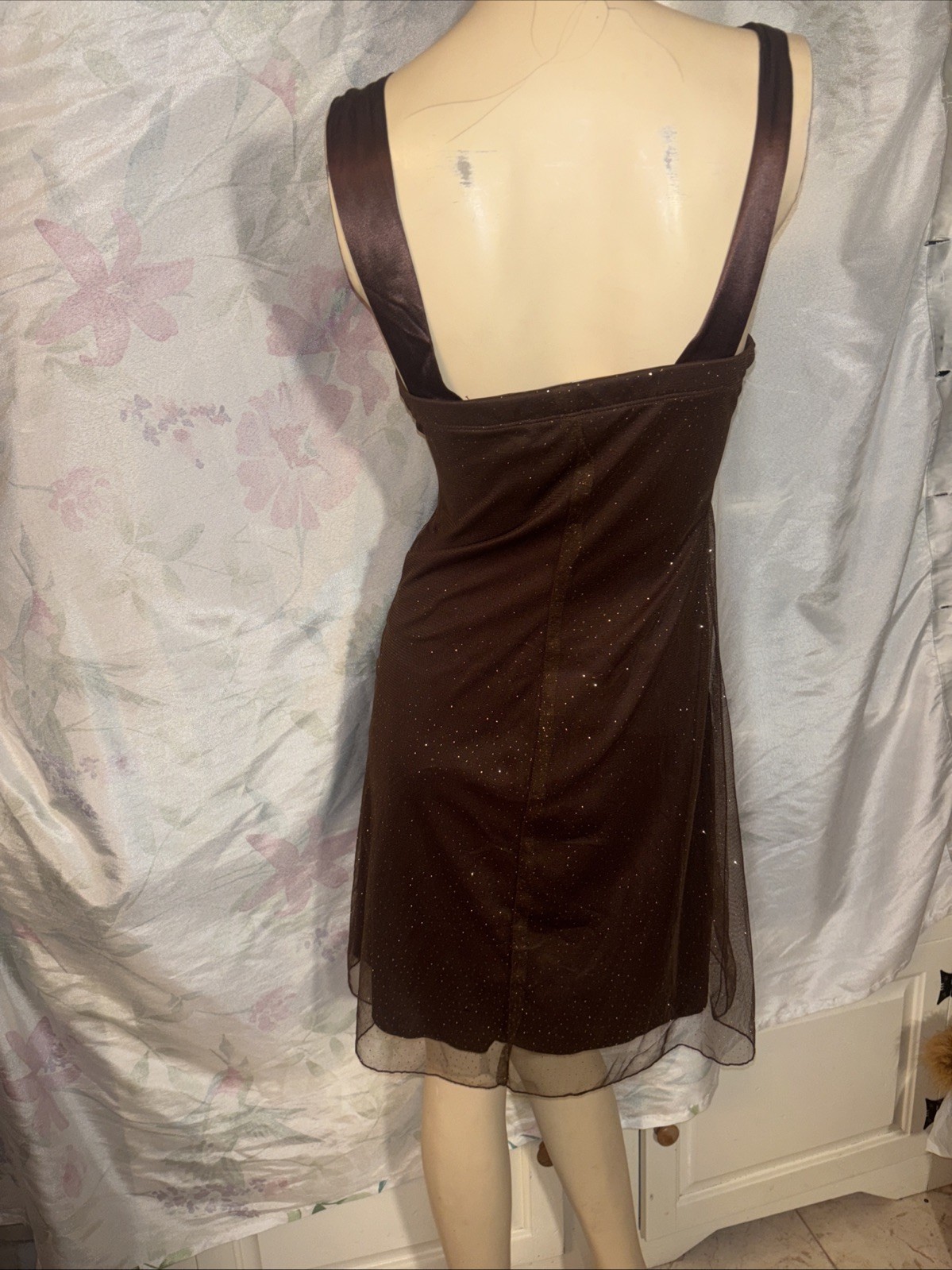 SPEECHLESS,brown tulle,tiny silver dots,satin bow,z5,S,pleats,shirred,New,UNIQUE