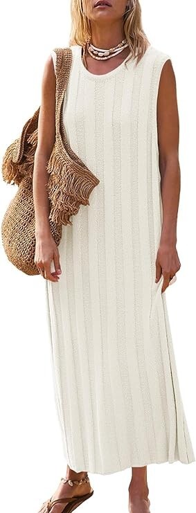 Women’s Summer Sleeveless Maxi Scoop Neck Ribbed Knit Tank Top Dress S (B21)