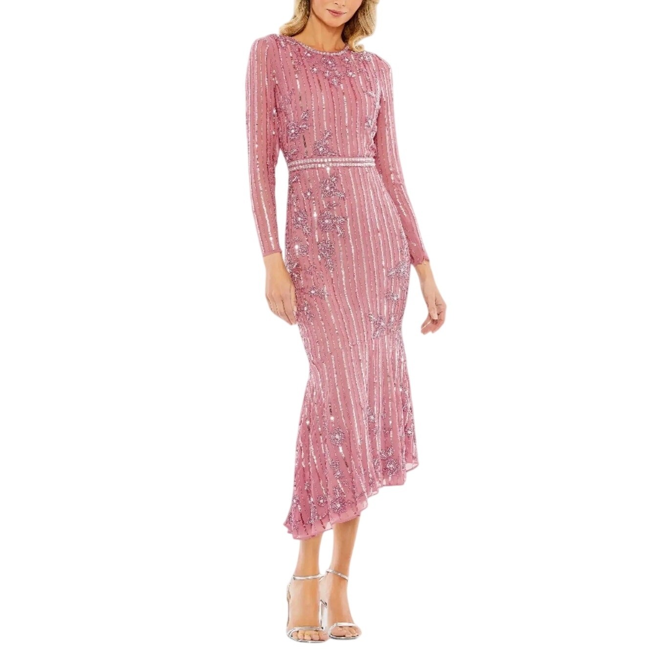Mac Duggal 93627 Pink Evening Gown Sequined Long Sleeve High Low Dress Size 12
