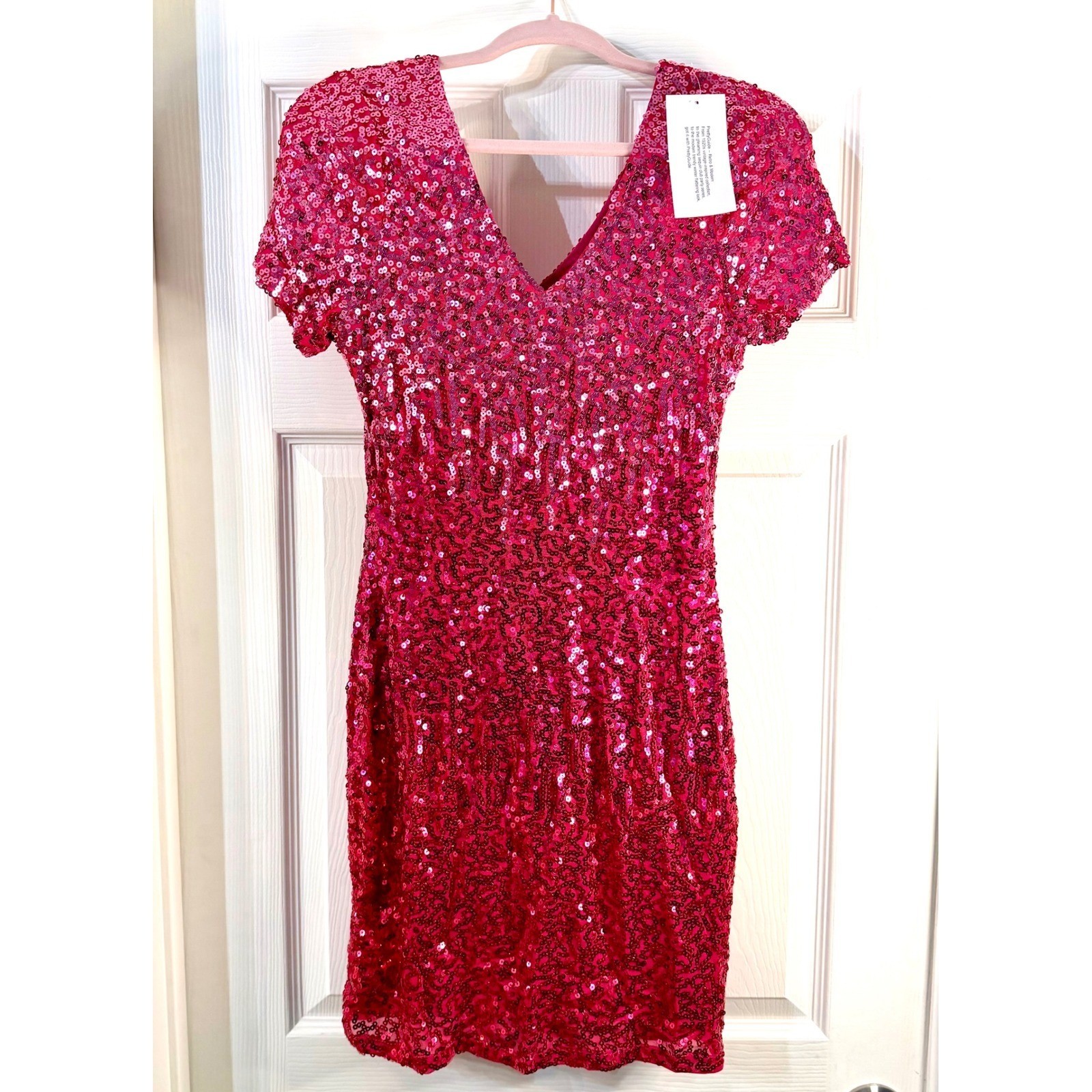 PrettyGuide Pink Ombre Sequin Mini Dress V-Neck Short Sleeve Party Dress Size S