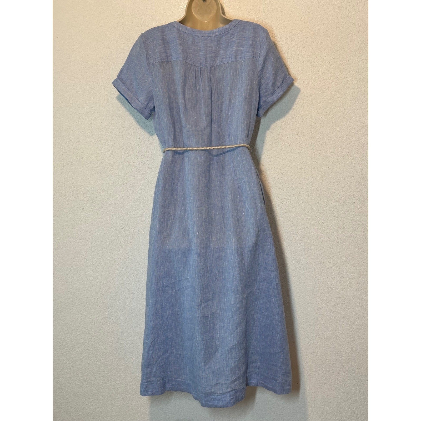 Talbots Blue 100% Linen Button Front Midi Shirtdress with Rope Belt Size 6 NWT