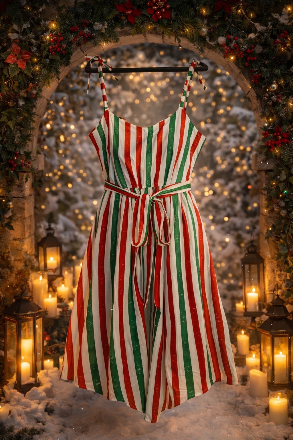 Plus Size 2X Holiday Striped Midi Dress Tie Strap Belted Red Green White