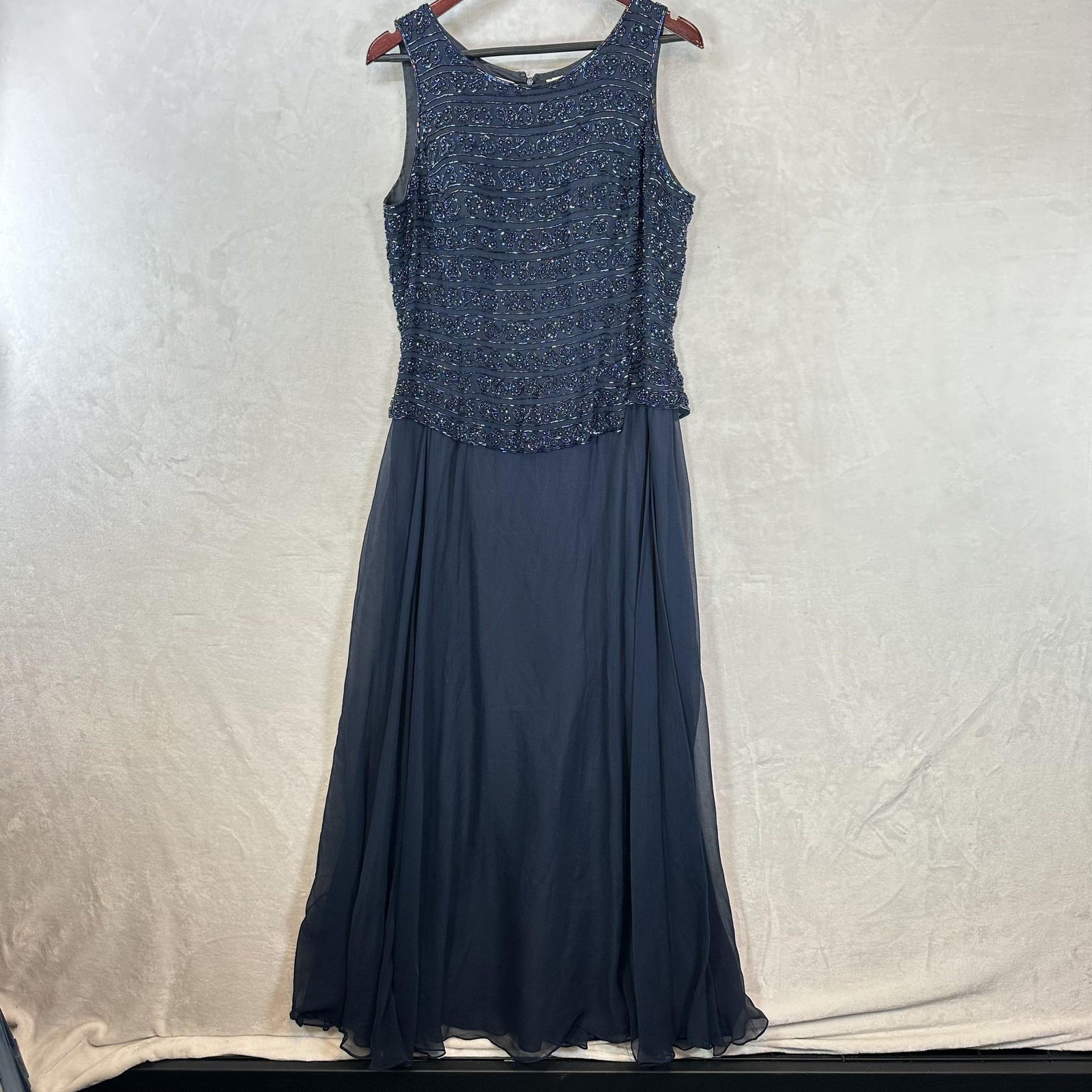 MY Fashion Dress Womens 16 Blue Beaded Silk Chiffon A Line Maxi Gown Formal