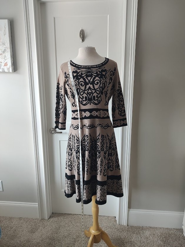J. Taylor Beige and Black Patterned Knit Dress with 3/4 Sleeves