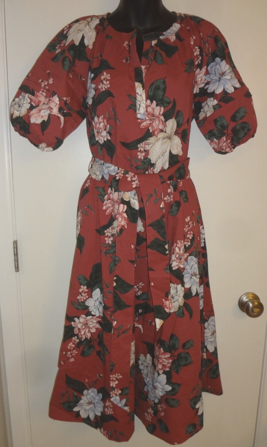 NWT BANANA REPUBLIC Mauve Rose Pink Floral Poplin Puff Sleeve Belted Dress Sz 0