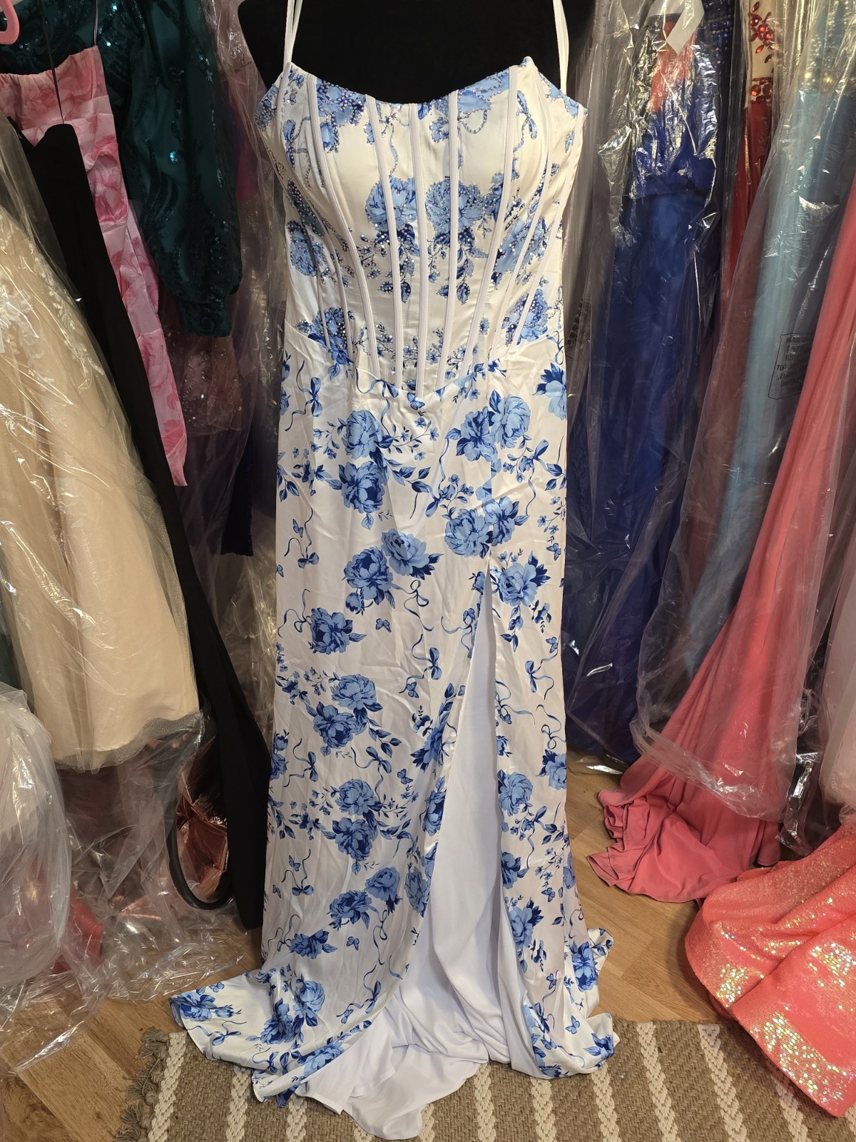 Stacey’s Prom Formal White Blue Floral Satin Gown Sweetheart Strapless Sz 6