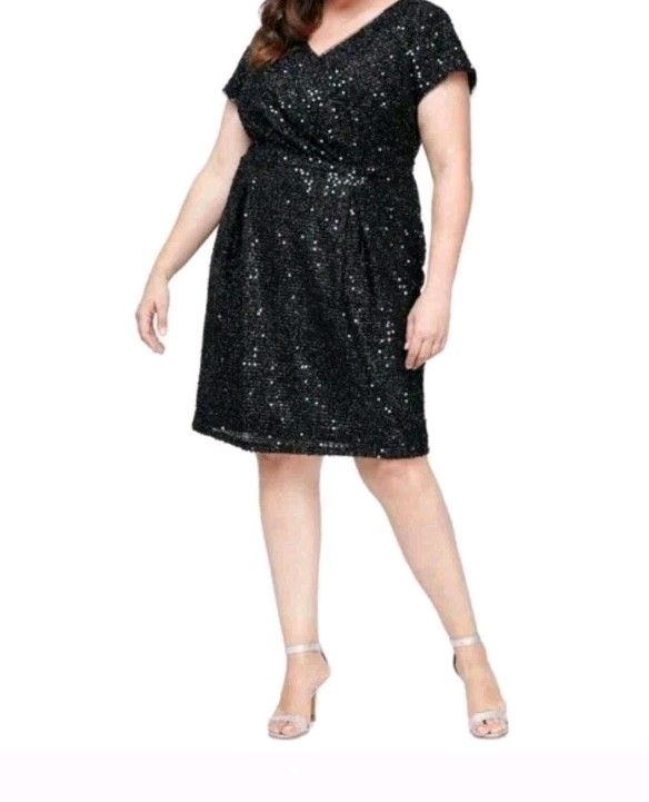 SLNY Black Sequin Size 18 V-Neck Cap Sleeve Dress