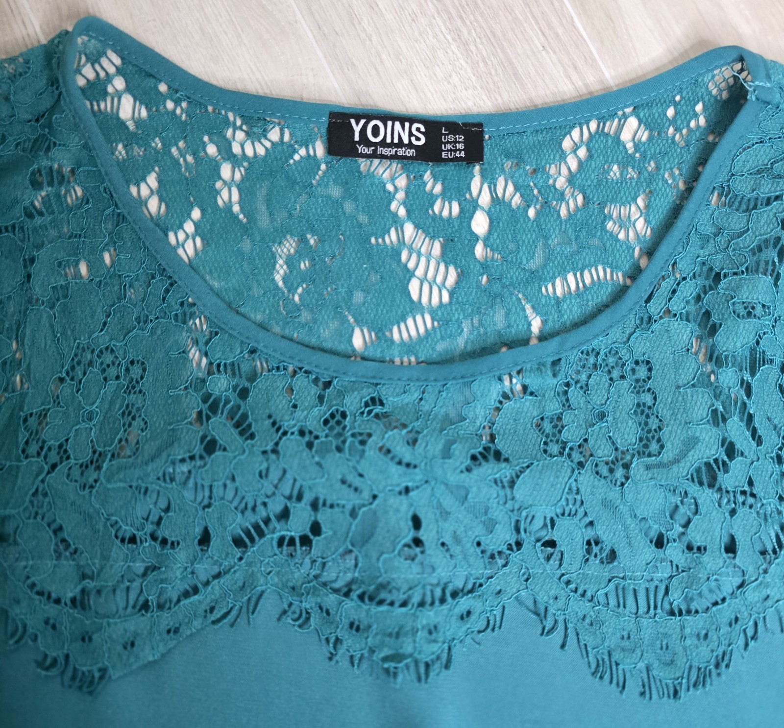 YOINS Womens Teal Solid Lace Yoke Shift Dress L 3/4 Sleeve Round Neck Sheer