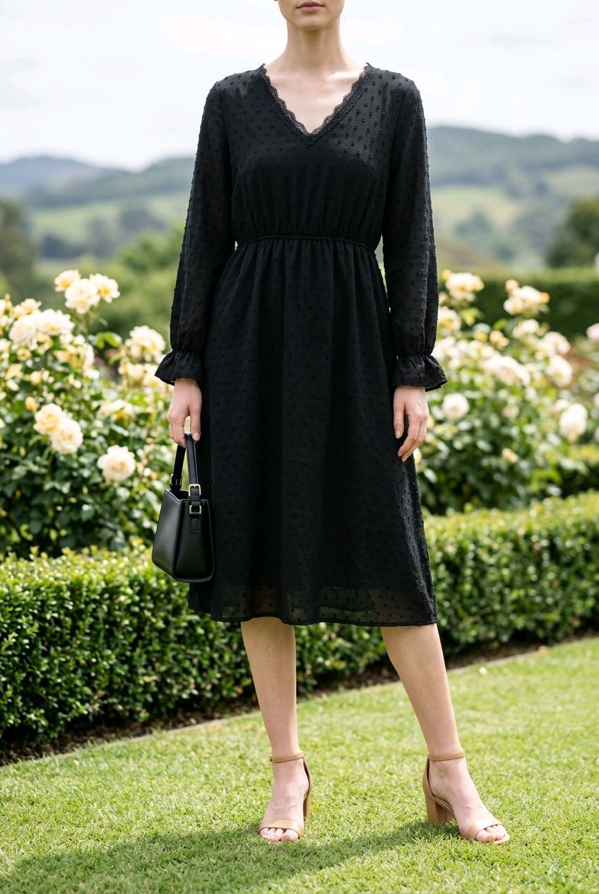 Elegant Black Dot Sheer Overlay Long Sleeve Dress W/ Belt & Pockets 2XL NWT