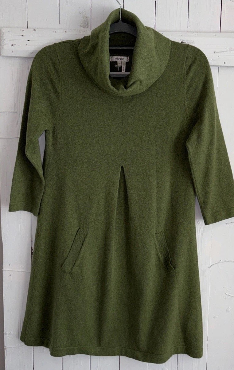 Tyler Boe Sz XS Olive Green Cowl Neck Sweater Dress 3/4 Sleeve Cashmere Blend