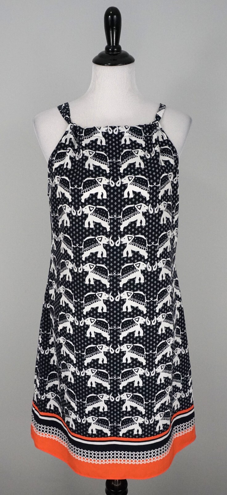 Crown & Ivy Navy Blue White Orange Elephant Striped Sleeveless A-Line Dress Sz M