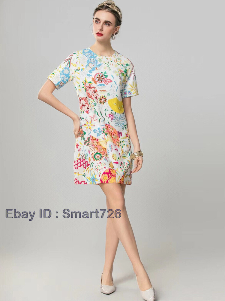 Occident Runway New Beaded Women’s Loose Short Sleeve Printed Midi Dress A-line