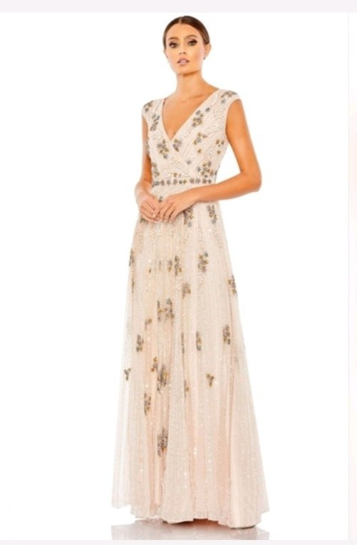 Mac Duggal Blush Gold Beaded Sequin V-Neck Maxi Gown 93575