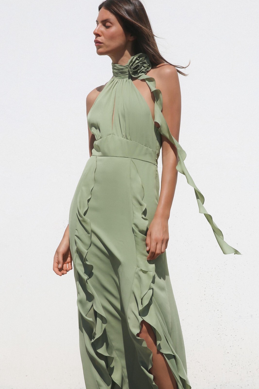 ZARA WOMAN NWT RUFFLED FLOWER HALTER NECK MIDI DRESS SEA GREEN | 8978/327 FW24