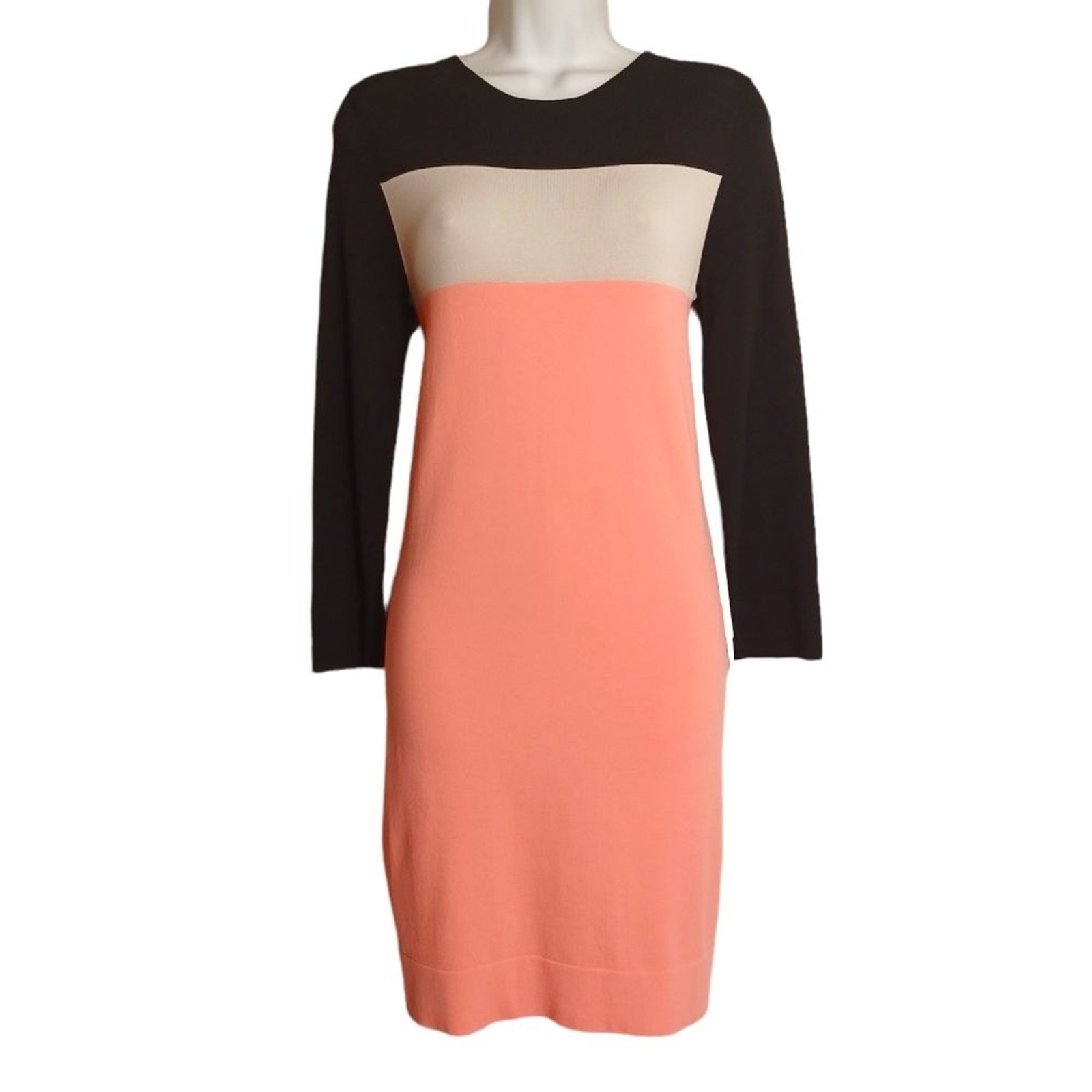 DIANE VON FURSTENBERG Peach Black Off White Stripe Colorblock Stretchy Dress S