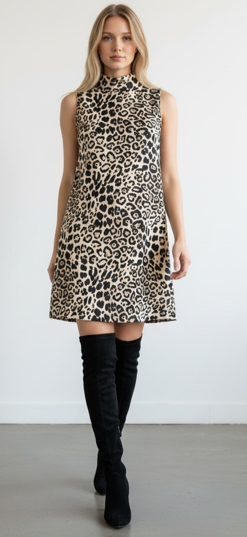 Alex Marie Leopard Print Shift Dress Women’s Size 2 Sleeveless Mock Neck