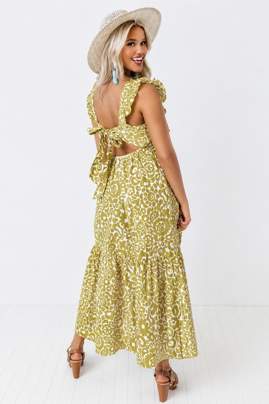 Chartreuse Boho Floral Cotton Midi Dress S Open Bow Back Ruffled Cottagecore NWT