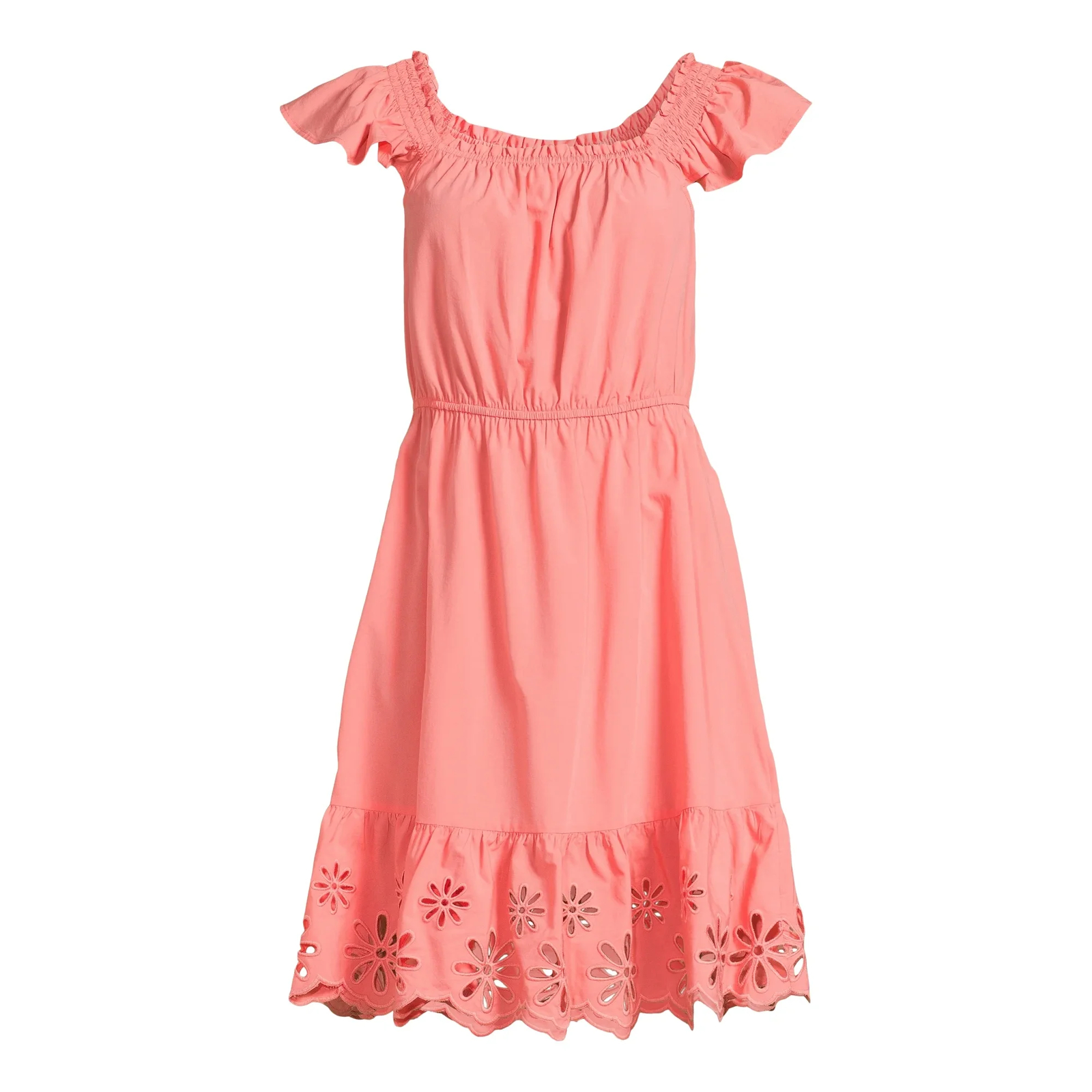 Time and Tru Mini Dress Women’s Size L Peach Pink Rayon Square Neck Eyelet Trim