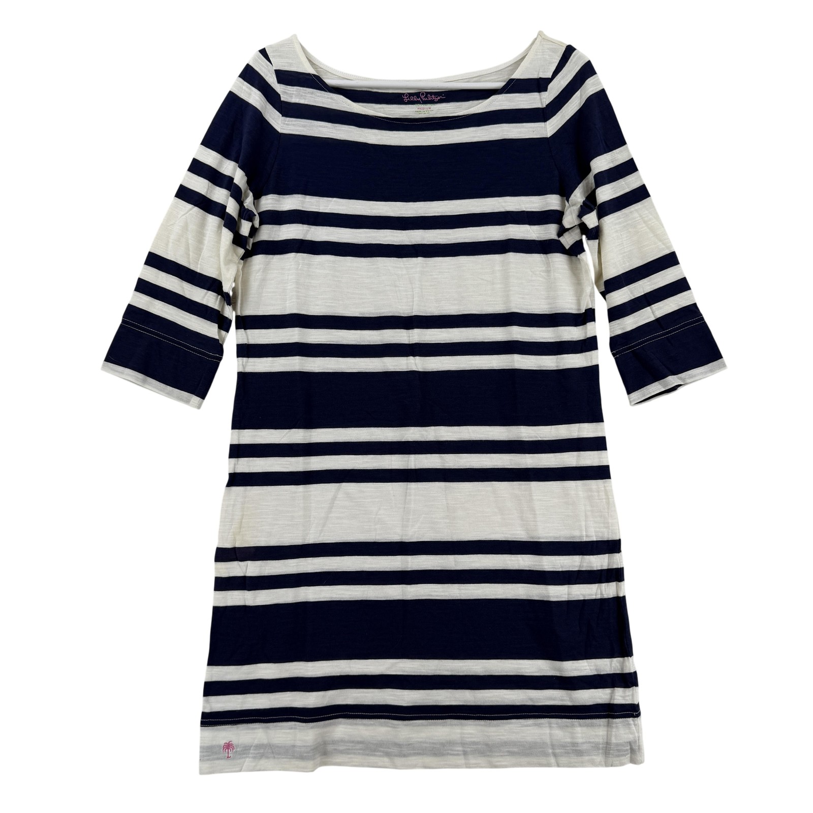 Lilly Pulitzer Dress Womens Medium Blue Stripe Boat Neck T Shirt Shift Nautical
