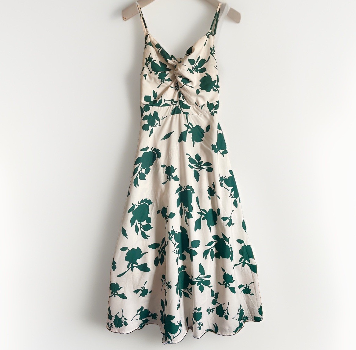 SHEIN Floral Maxi Dress Size L Backless Wrap Front Straps Cream Green