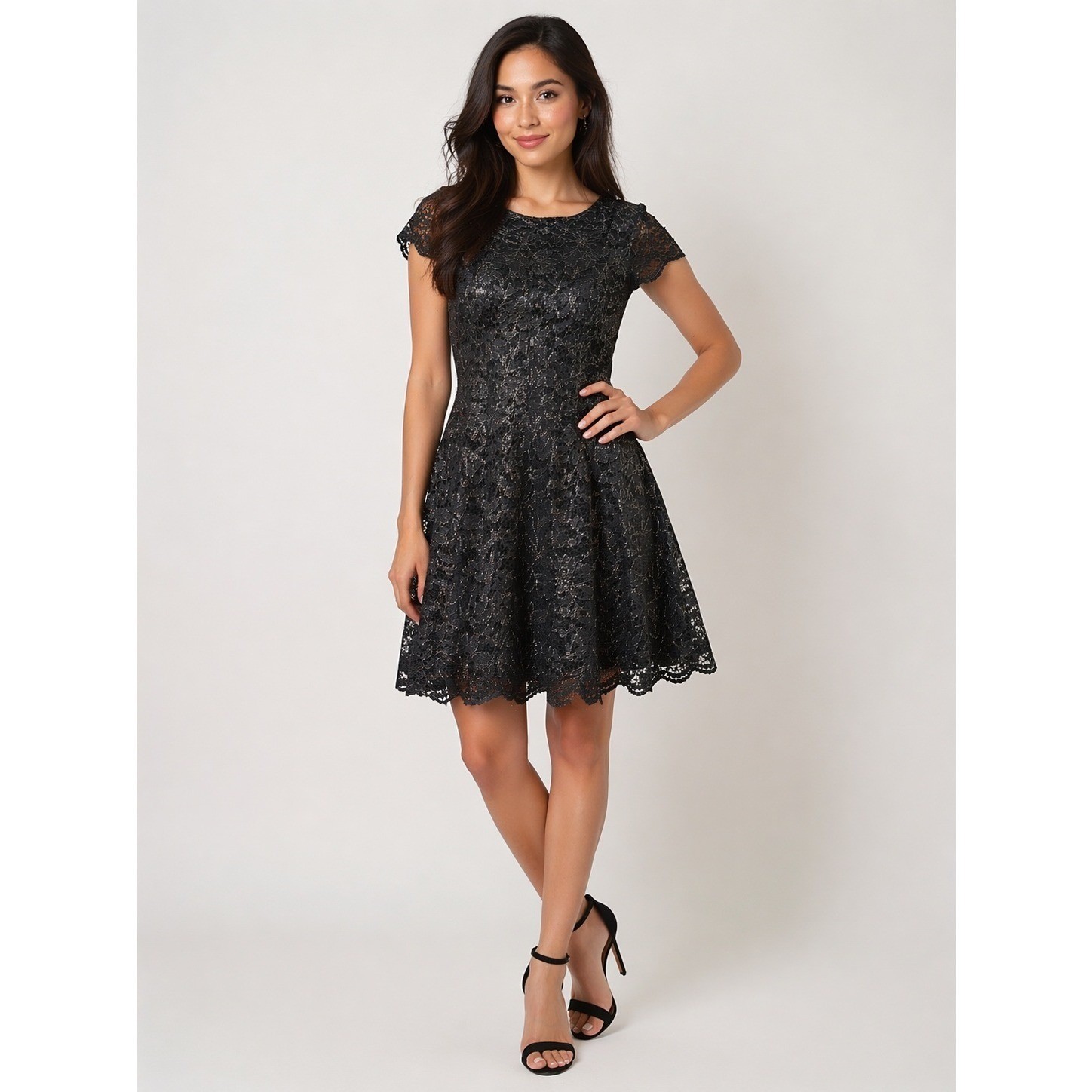 NWT Tommy Hilfiger Women Black Shine Lace Cap Sleeves Cocktail Dress Size 14