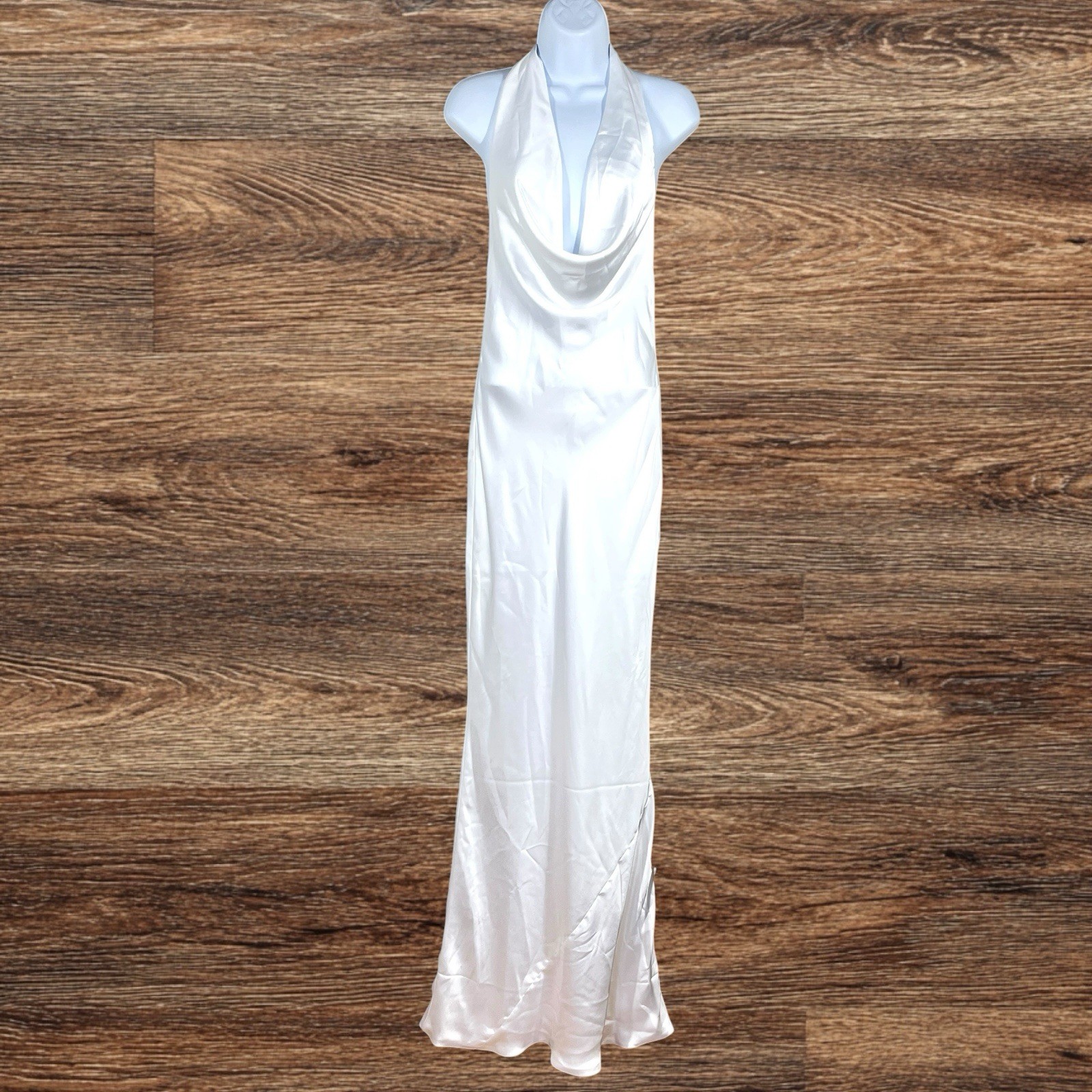 Norma Kamali Halter Drape Bias Gown Size XS White Satin Fishtail Hem Bridal Gala