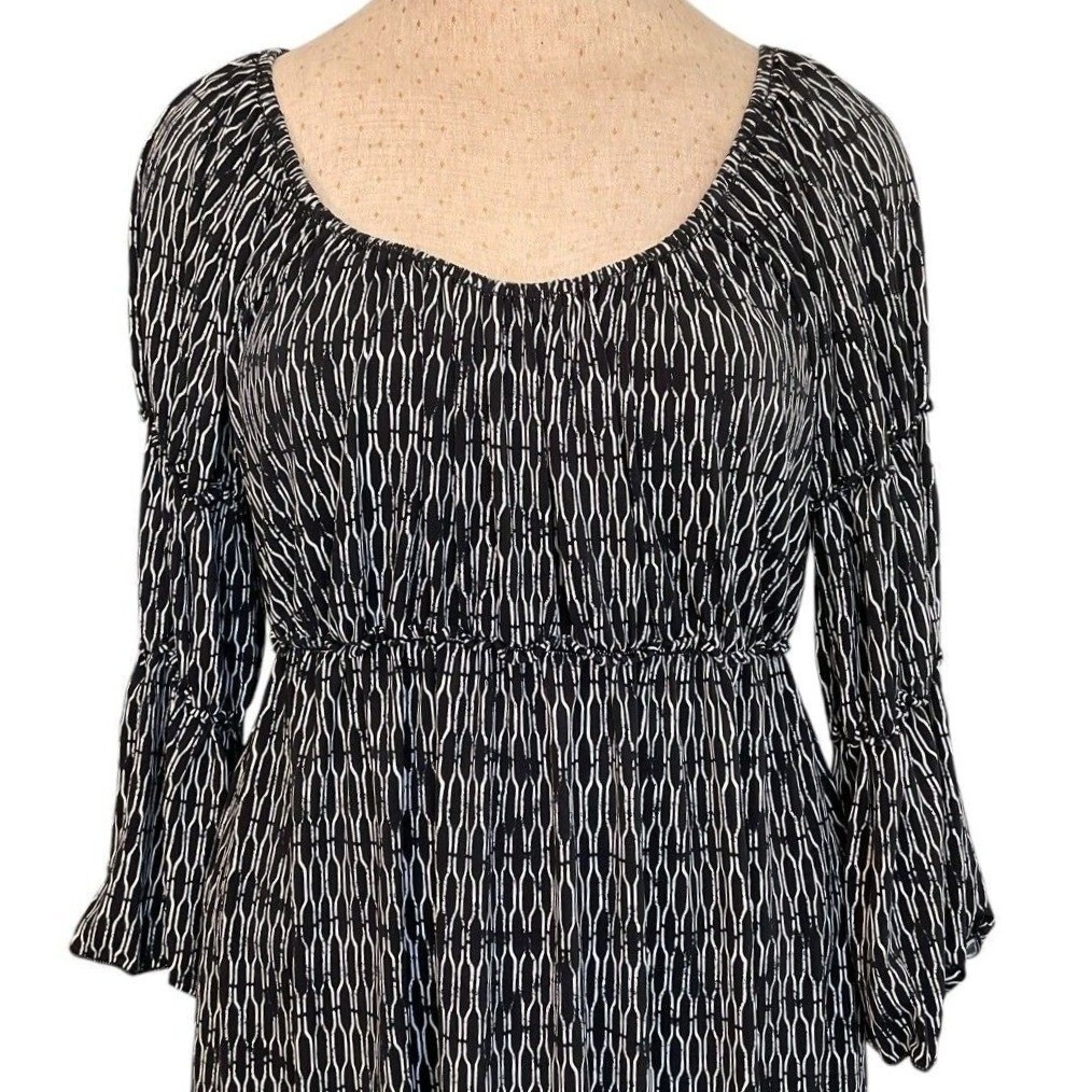 Max Edition Womens XL Black White Geometric Bell Sleeve Smocked Waist Midi Dress