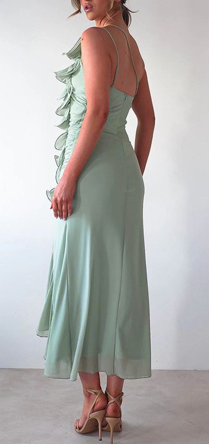 Romantic Sage Ruffled One-Shoulder Dress